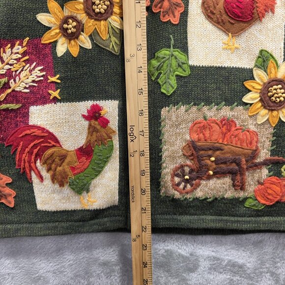 Tiara International Sweater Vest Womens Large Green Embroidered Rooster Pumpkin - Picture 5 of 7
